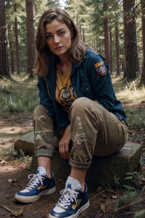 louise lombard,Elizabeth Lascelles, Wolf, 40 years old, short messy light brown blonde hair, blue eyes, red open military jacket, yellow T-shirt with military print, brown jeans, brown sneakers, fox pendant, white wolf print. forest background fox aura around black color