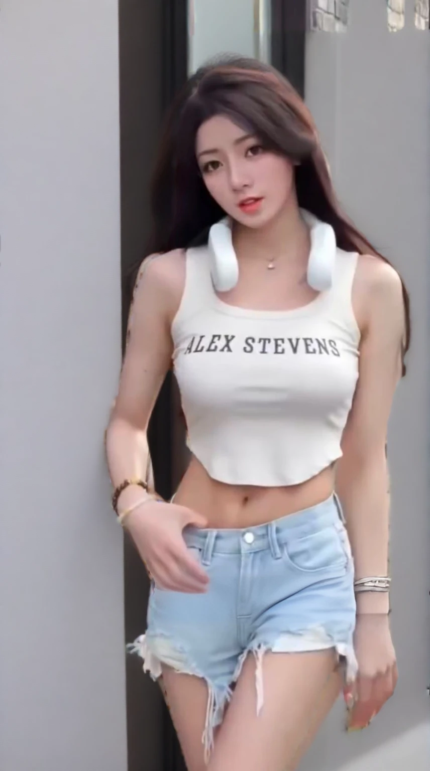 a close up of a woman in a white shirt and denim shorts, wearing a sexy cropped top, wearing crop top, wearing tight shirt, gorgeous chinese model, wearing a cute top, wearing a tanktop, her belly button is exposed, tight shirt, tight outfit, sexy body, intriguing outfit, sexy girl, crop shirt and strong abs, crop top