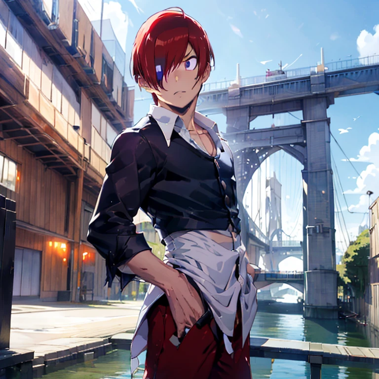 Sharp Eye,One boy,Hair on one eye,Redhead,short hair,Purple Flame,Fantasy World,isekai,Standing poised with the Bay Bridge in the background