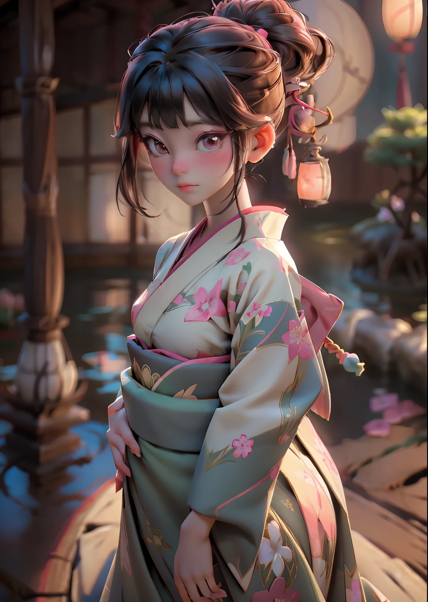 (masterpiece, highest quality, highest quality, Official Art, beautifully、aesthetic:1.2)、Portrait Photography、 (1 Japanese kimono beautiful girl)、(Pink and green floral patterned kimono)、A gorgeous kimono worn by women at Japanese Coming of Age ceremonies、The collar is nicely closed、A perfect example of how to wear a kimono、Big brown eyes、Beautiful skin、A little embarrassing、(Updo with bangs)、hair ornaments、Very detailed,(In the Japanese garden:1.3)、Cinematic lighting、Sharp focus、High resolution、High resolution、High color rendering、High resolution、Super realistic、