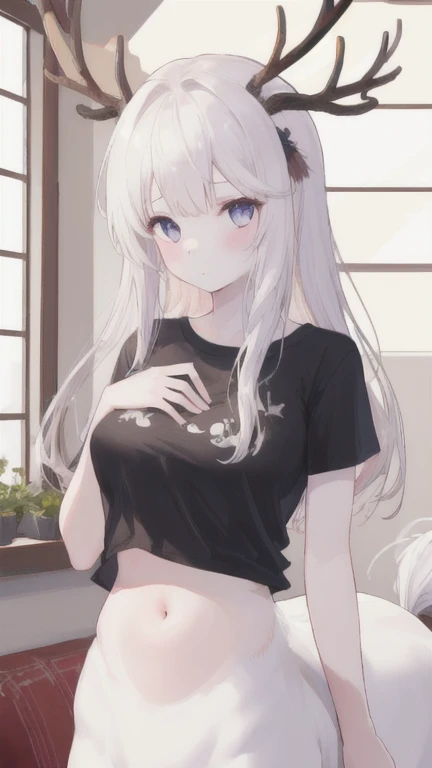 (best quality, masterpiece), 1 girl, centaur, It takes,White skin, belly button t-shirt, 아름다운 소녀 perfect white tiger photo, perfect white tiger photo