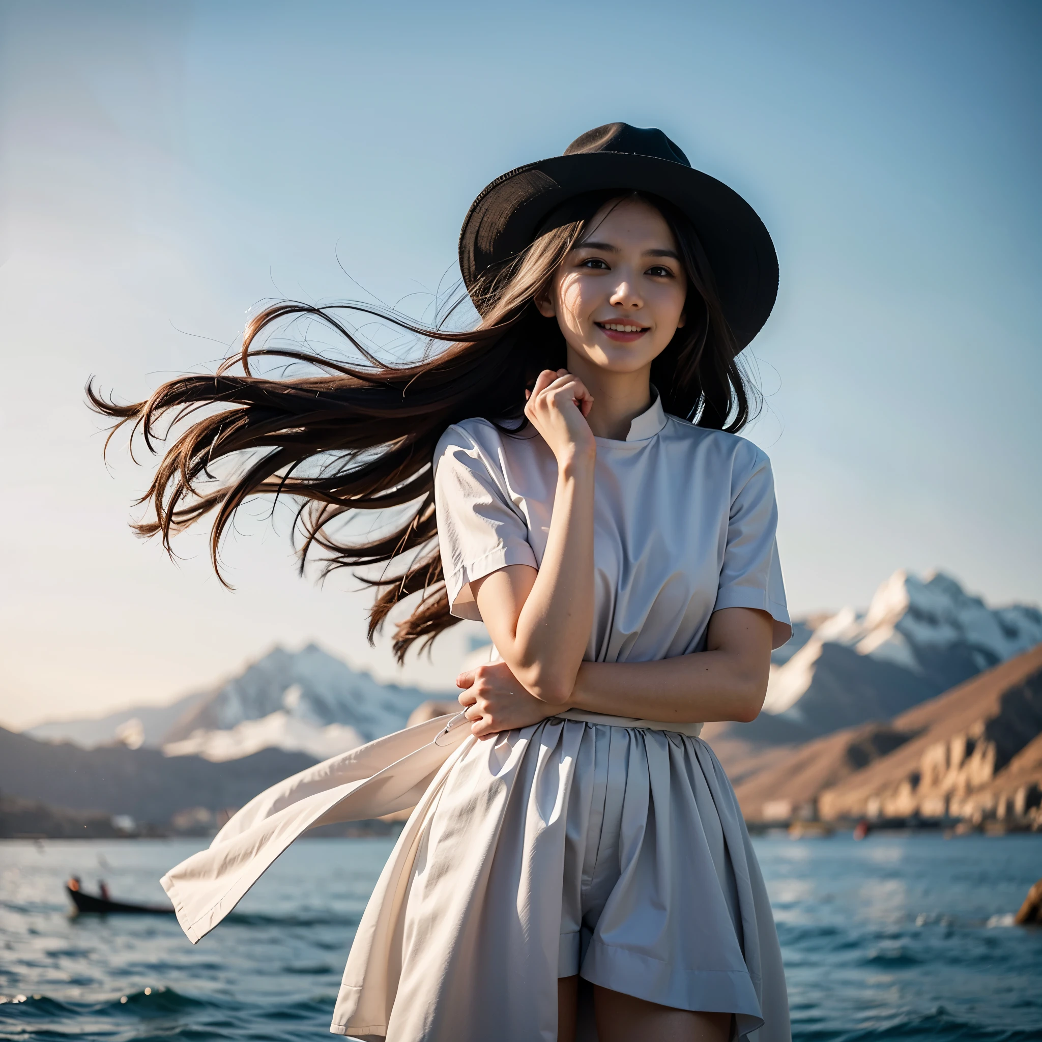 8k, RAW photo, best quality, masterpiece, realistic, photo-realistic, clear, professional lighting, beautiful face, best quality, ultra high res,
BREAK
a woman wearing a hat and smiling for the camera with her hands on her head and her hair in the wind, girl, dau-al-set , a stock photo, Fan Qi