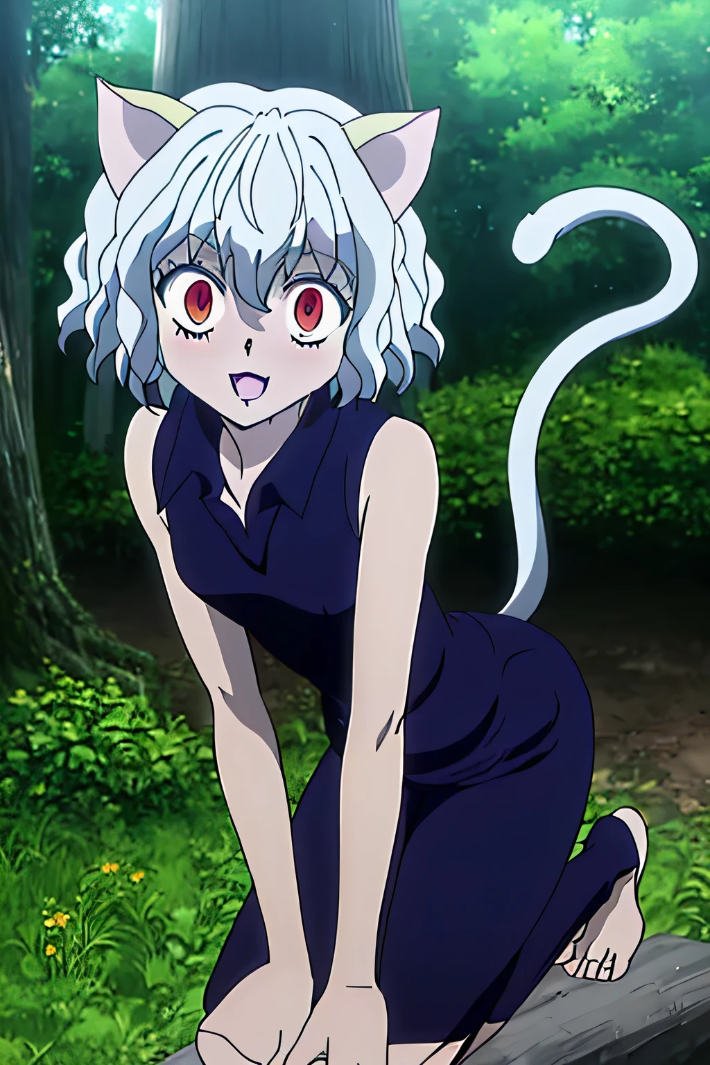 score_9, score_8_superior, score_7_superior, sauce_anime,
Neferpitou, Neferpitou, short hair, Red eyes, Animal ears, tail, Gray Hair, Cat ear, cat tail, Curly Hair, smile, Shorts, shout, Open your mouth、Outdoor、On all fours
、View Viewer, Dutch Angle, Cowboy Shot,1 person、Cat's claw、Troubled face、nsfw、In underwear、blush