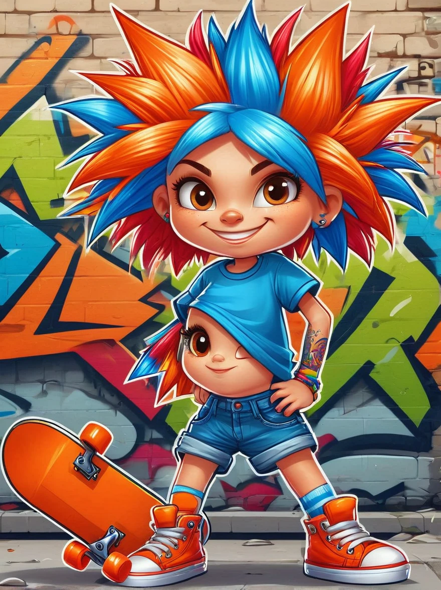 A cartoon doodle character，Vector illustration，A sweet and lovely ***********，With spiky, brightly colored hair，Unique and wild style，Wearing orange T-shirt，Blue shorts and red shoes, She often has a mischievous smile，And stir up trouble in the nameless town, She was known for her skateboarding skills and nonchalant attitude, Standing in front of a graffiti style background，Adds whimsy to the scene