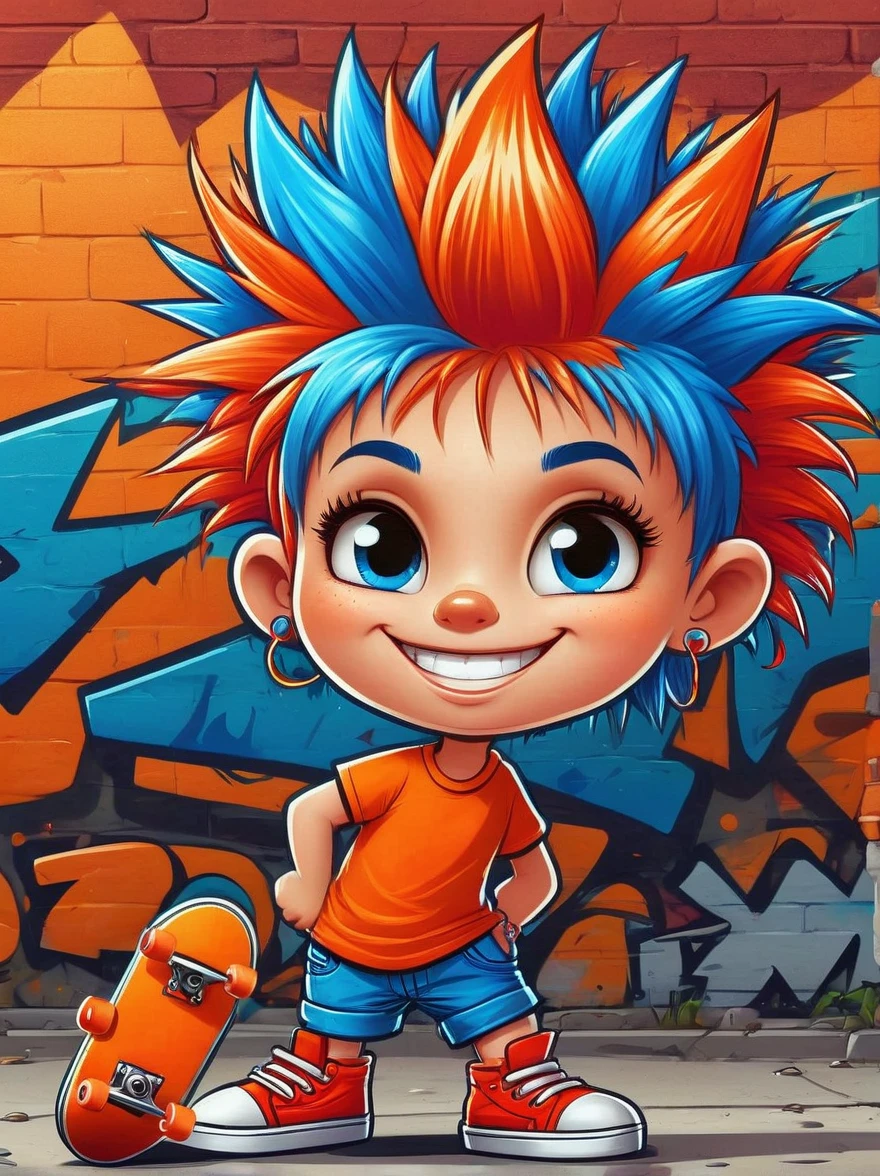 A cartoon doodle character，Vector illustration，A sweet and lovely ***********，With spiky, brightly colored hair，Unique and wild style，Wearing orange T-shirt，Blue shorts and red shoes, She often has a mischievous smile，And stir up trouble in the nameless town, She was known for her skateboarding skills and nonchalant attitude, Standing in front of a graffiti style background，Adds whimsy to the scene