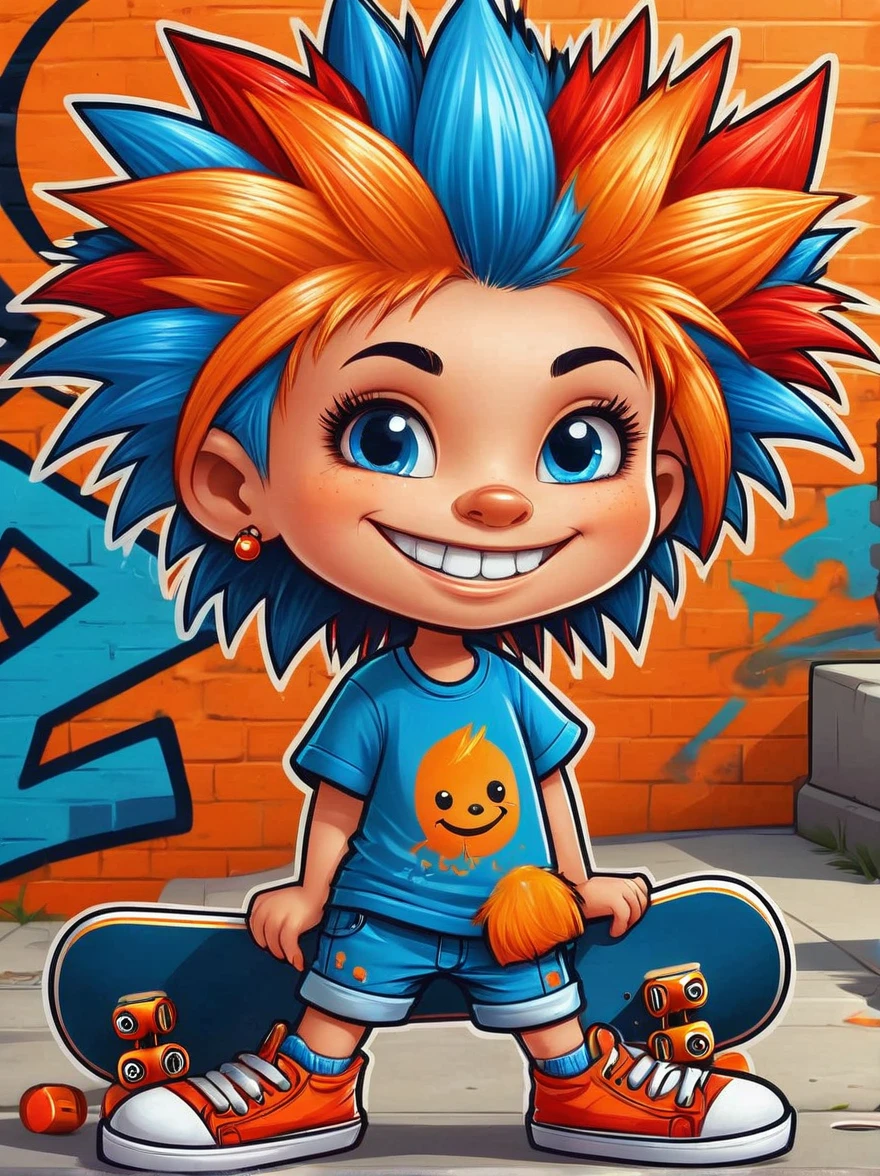 A cartoon doodle character，Vector illustration，A sweet and lovely ***********，With spiky, brightly colored hair，Unique and wild style，Wearing orange T-shirt，Blue shorts and red shoes, She often has a mischievous smile，And stir up trouble in the nameless town, She was known for her skateboarding skills and nonchalant attitude, Standing in front of a graffiti style background，Adds whimsy to the scene