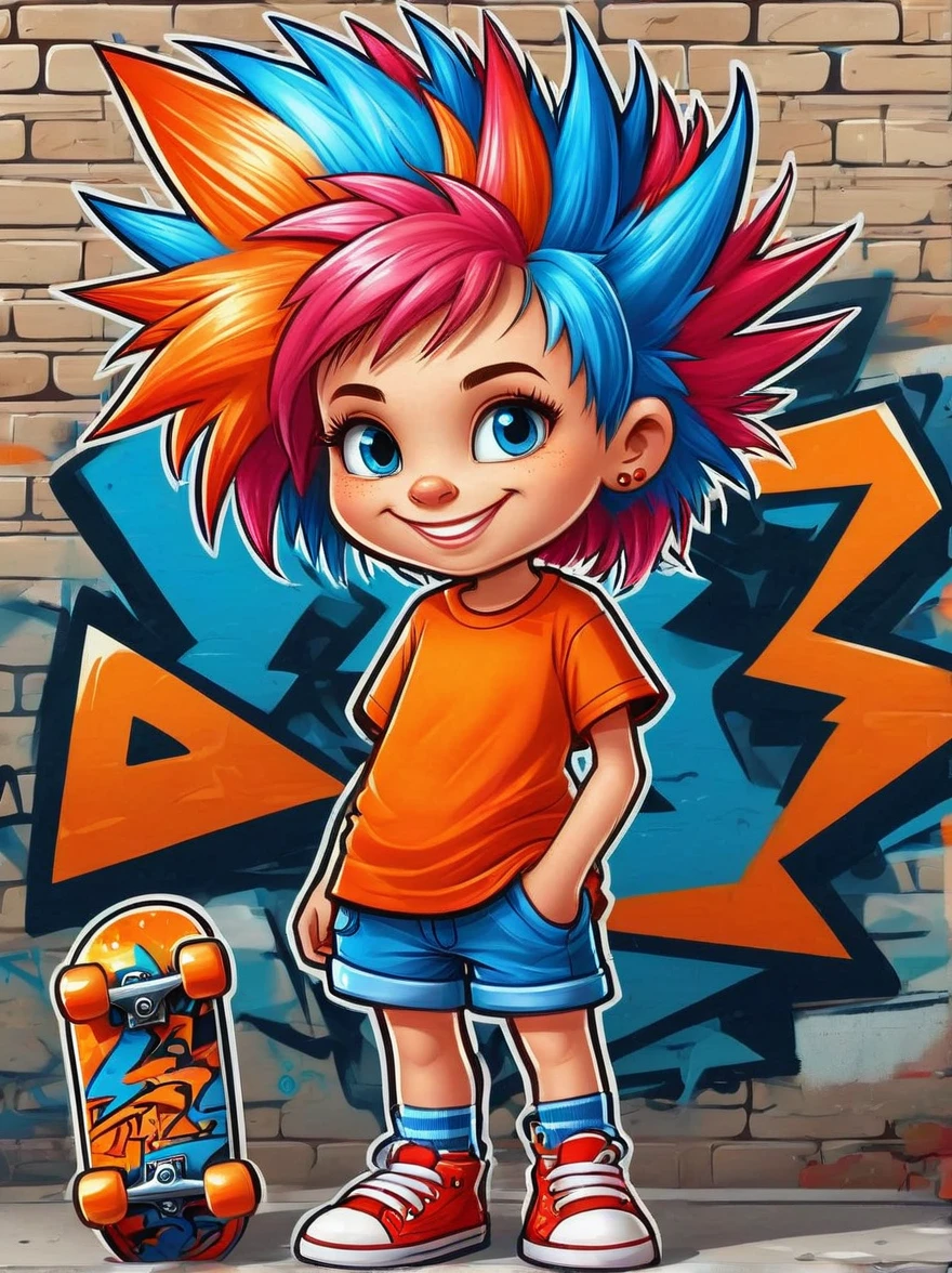 A cartoon doodle character，Vector illustration，A sweet and lovely little girl，With spiky, brightly colored hair，Unique and wild style，Wearing orange T-shirt，Blue shorts and red shoes, She often has a mischievous smile，And stir up trouble in the nameless town, She was known for her skateboarding skills and nonchalant attitude, Standing in front of a graffiti style background，Adds whimsy to the scene