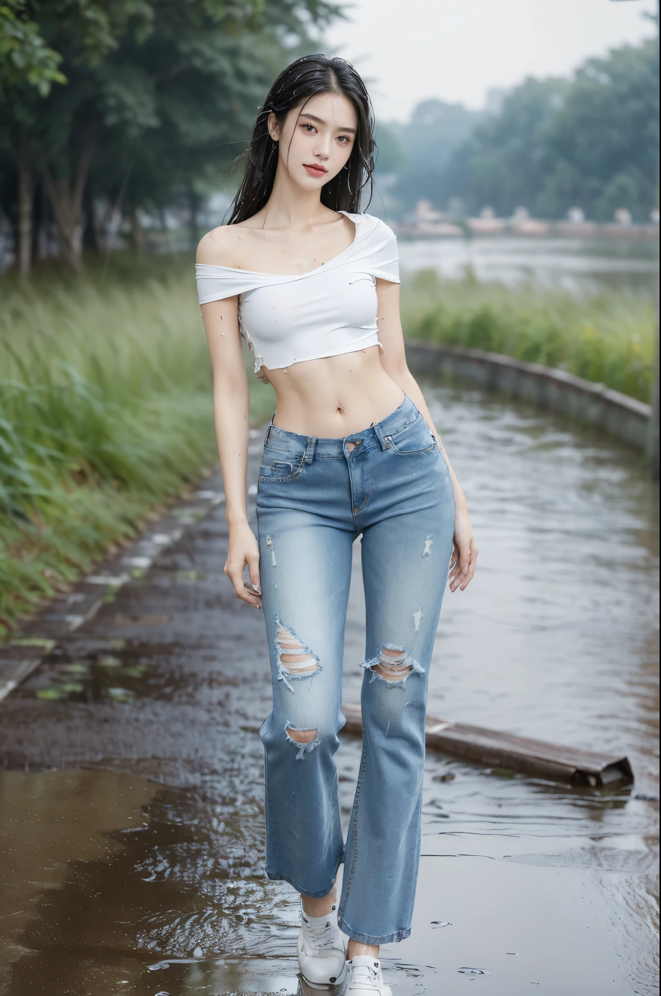 (Extremely meticulous CG),(((8k))),wallpaper,((Extremely refined and beautiful)),(((Masterpiece))),(((best qualtiy))),(((Ultra High Resolution))),beautiful light up,realistic shaded,(Smooth and flawless fair skin:1.5),(Extremely exquisite facial details:1.2),(ultra-detailed:1.5),((a beautiful girl,solo)),(shoulder length straight bob hair:1.2),(wet hair:1.5),(small head:1.2),(slender face:1.2),(Exquisite makeup:1.3),(happy:1.2),(laughing:1.2),(perfect body:1.1),(wet:1.5),(sweat:1.3),(shiny skin:1.5),(short sleeves:1.2),(torn shirt:1.3),(small breasts:1.2),(flat chest:1.2),(navel:1.3),(torn denim pants:1.5),(slender legs:1.2),(sneakers:1.2),((slim,thin)),(from front:1.3),(standing:1.3),(arms behind back:1.2),(On the riverside path:1.5),(Distant urban landscape:1.3),(outdoor:1.3),(early summer:1.3),(day scene:1.3),(rainy:1.3),(overcast:1.5),(full body:1.3)