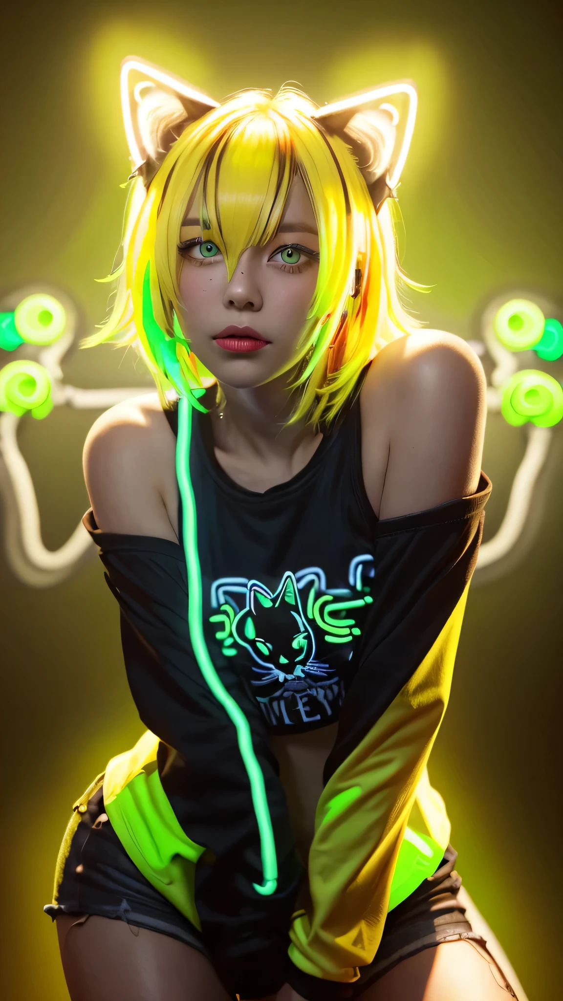 masterpiece, highest quality, 4K, Photorealistic, bokeh, enlightenment,1 perfect portrait of a girl, (A fascinating eye for perfect detail:1.2), colorful hair, (gradient hair), (neon yellow hair:1.6), (Cat ear:1.2), fantasy background, (exposed bare shoulders), (long-term alienation sleeve), (lean forward a little), head tilt, movie lighting, oversized clothes, (seductive pose:1.4), (neon yellow background:1.6), green beautiful eyes, close up