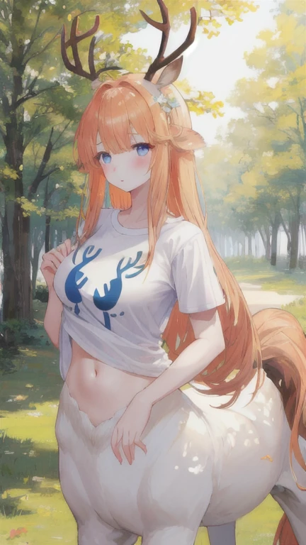 (best quality, masterpiece), 1 girl, centaur, It takes,White skin, belly button t-shirt, 아름다운 소녀 perfect deer photo, perfect deer photo