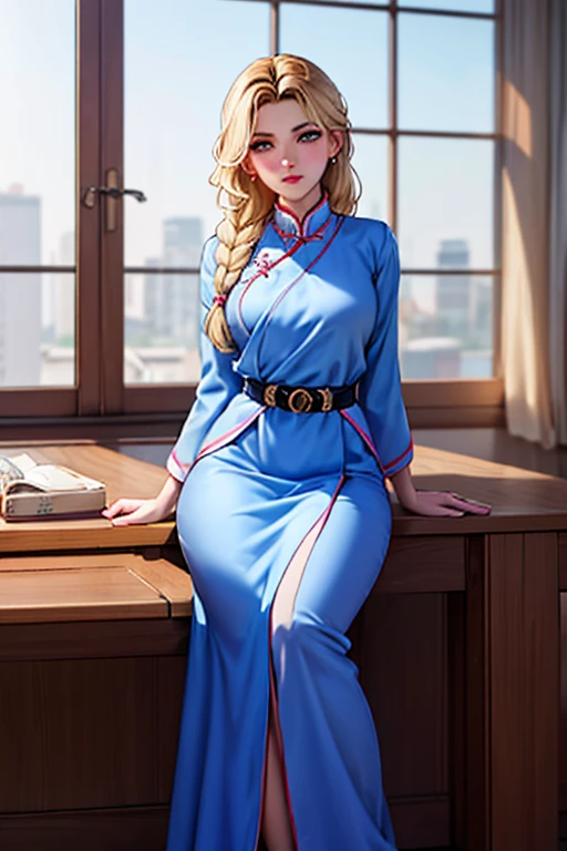 (1girl), masterpiece, best quality, super fine illustration, an extremely cute, highly detailed beautiful face looking at the viewer, 1girl, belt, close-up, looking at the viewer, 4k, high resolution, full body, The image features a female character with long blonde hair, wearing braids, wearing a blue and white .   The character looks directly at the camera with a soft gaze and calm expression.   Big bust,blonde hair,pink eyes,The image has a cartoon style and a soft color palette, creating a calm and contemplative atmosphere.  Scenario in front of everyone in the classroom, introducing himself,Wearing traditional Chinese  uniform 