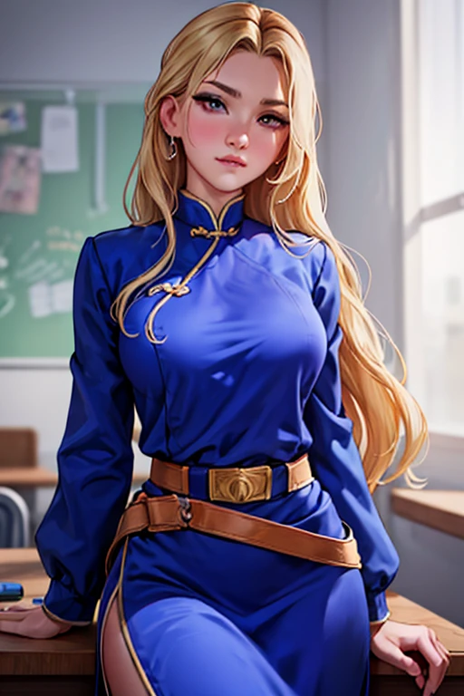 (1girl), masterpiece, best quality, super fine illustration, an extremely cute, highly detailed beautiful face looking at the viewer, 1girl, belt, close-up, looking at the viewer, 4k, high resolution, full body, The image features a female character with long blonde hair, wearing braids, wearing a blue and white .   The character looks directly at the camera with a soft gaze and calm expression.   Big bust,blonde hair,pink eyes,The image has a cartoon style and a soft color palette, creating a calm and contemplative atmosphere.  Scenario in front of everyone in the classroom, introducing himself,Wearing traditional Chinese  uniform 