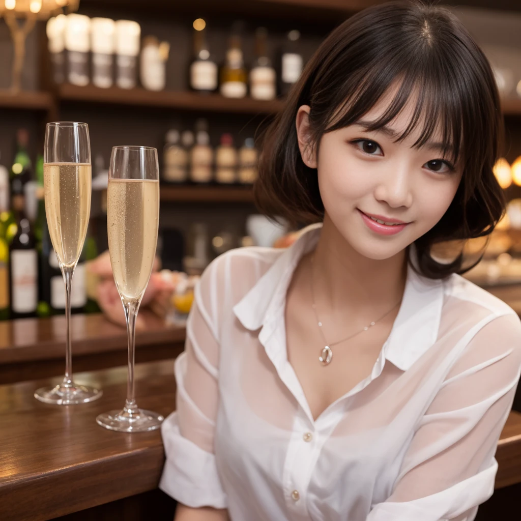 White shirt,Beautiful eyes,Have champagne,bar counter,Japanese Girls,Beautiful smile,Long curly hair,Red cheeks,Pale pink lips,Depression,Backlight