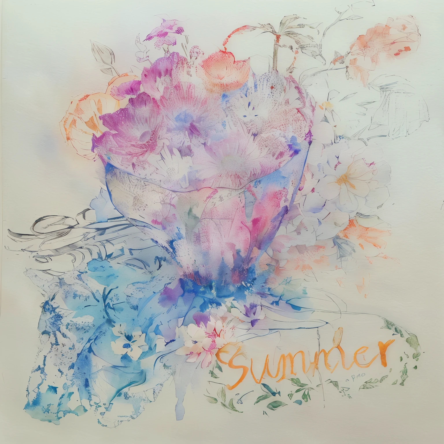 There is a picture of a flower，Names written on it, poster ; summer, hot summer sun, summer sun, summer, summer day, sunny summer day, in summer, summer light, summer weather, summer 2016, hot summer day, Watercolor Pen Drawing, summer sunlight, summer season, Inspired by André Masson, Inspired by John Altoun