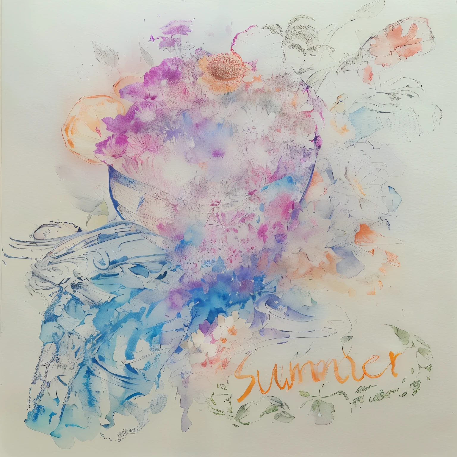 There is a picture of a flower,Names written on it, poster ; summer, hot summer sun, summer sun, summer, summer day, sunny summer day, in summer, summer light, summer weather, summer 2016, hot summer day, Watercolor Pen Drawing, summer sunlight, summer season, Inspired by André Masson, Inspired by John Altoun