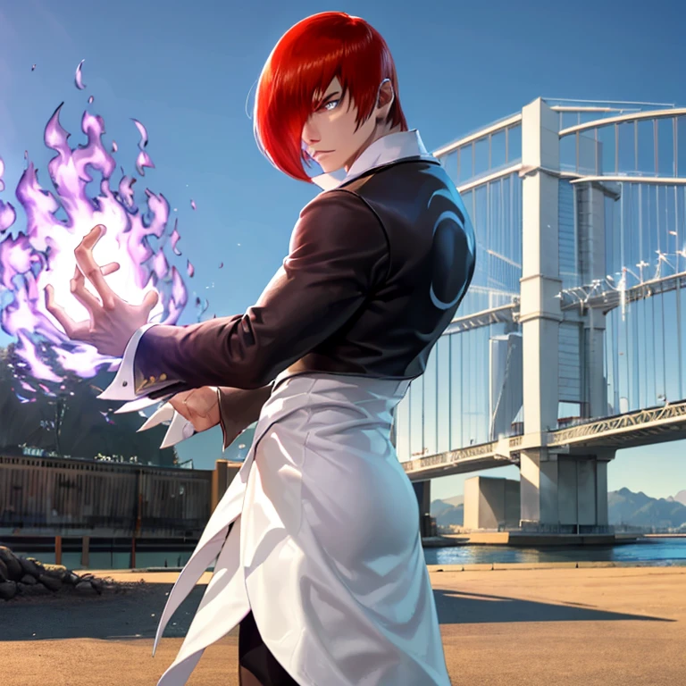 Sharp Eye,One boy,Hair on one eye,Redhead,short hair,Purple Flame,Fantasy World,isekai,Standing poised with the Bay Bridge in the background