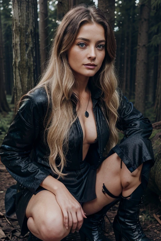 louise lombard, Elizabeth Lascelles, Wolf, 40 years old, long messy light blonde hair, blue eyes, open black jacket, elegant black dress with glitter, black heels, fox pendant, white wolf print. forest background fox aura around black color