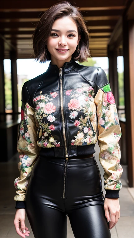 ((highest quality)), ((masterpiece)), ((Perfect Face)), (Detailed 750cc displacement motorcycle), Detailed and clear photos, ((Motorcycle Women)), Slender body, (Floral riding jacket and leather pants), smile, short hair