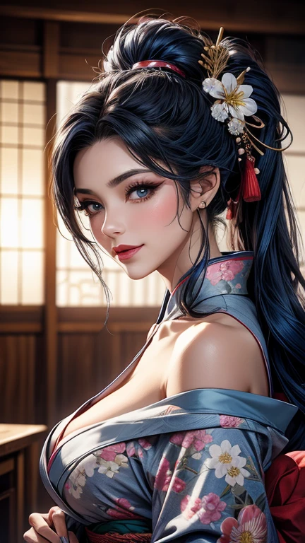 Actress Pose、True Face、From the knee up、(Blue metallic hair)、Long Hair、Sex Appeal、Shiny kimono、Japanese、The beauty of kimono、Japanese military commander、Warrior、Simple、Sharp eyes、height: 180cm、Deep Red Lipstick、30 years old、成熟したwoman、An illustration、slim and muscular、woman、Threatening、dignity、aura、Updo、ponytail、I can see your thighs、The skin on the shoulder is visible、Dark silver hair、Gorgeous floral patterned kimono、Studio Lighting、Big Breasts、Fancy hair accessories、Flower kanzashi、bright blue kimono、Look here、laughing、Confident expression、Kimono with cute flowers scattered all over、
