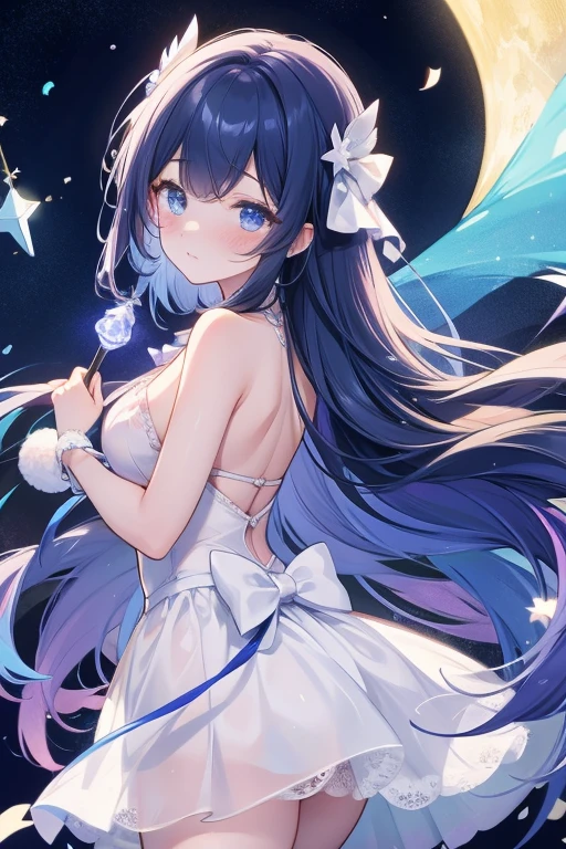 Starry Sky Magical Girl:Describes a beautiful girl wearing a magical costume with a star and moon pattern,She holds a glowing magic wand,The background is the night sky with twinkling stars and blue moonlight。