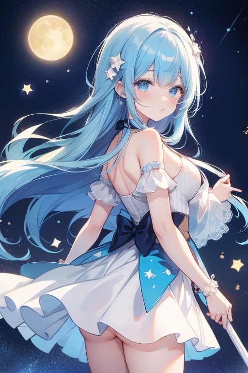 Starry Sky Magical Girl:Describes a beautiful girl wearing a magical costume with a star and moon pattern,She holds a glowing magic wand,The background is the night sky with twinkling stars and blue moonlight。