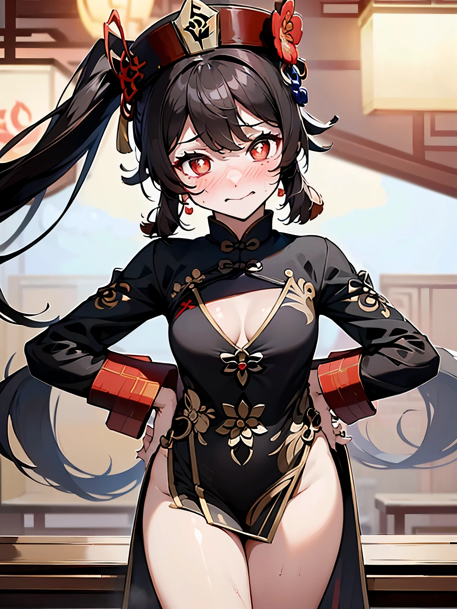 NSFW,hutao\(genshin\),(China dress:1.5),Cleavage,(Perfect hands),(Perfect Anatomy),(masterpiece),(highest quality),(Embarrassed:1.5),blush,Feeling embarrassed,restaurant