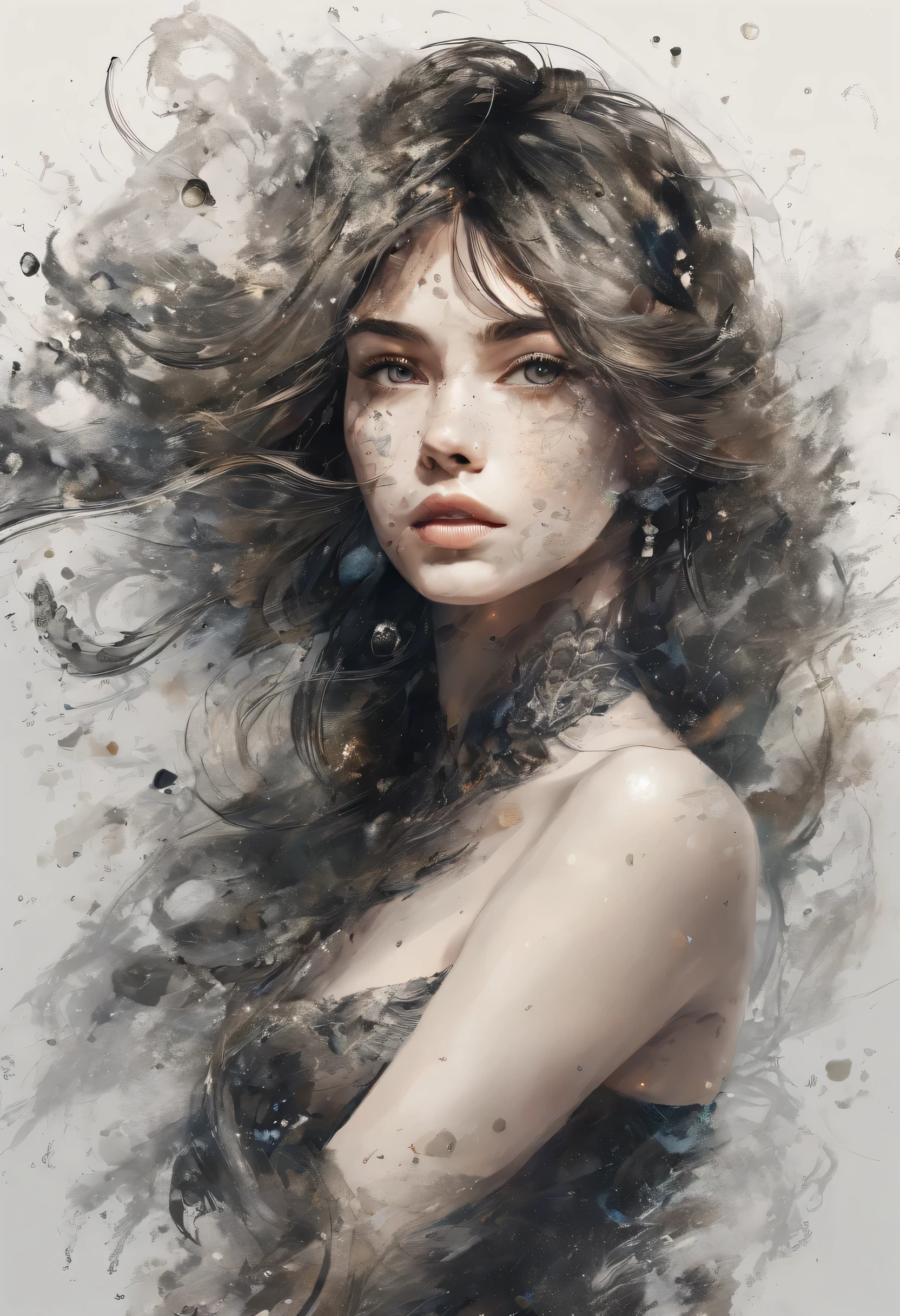 Perfect centering, Fantastic little black fish, prazer, Standing position, beleza abstrata, centre, looking at the camera, Facing the camera, approaching perfection, dynamic, altamente detalhado, Liso, sharp focus, 8K, A high resolution, illustration, arte de Carne Griffiths e Wadim Kashin, Personagens de peixinho dourado, A background with distinct features, Fundo com cor de fragmento, vivid tones, Fundo da nebulosa de tinta, 17 year old sexy girl with a sexy appearance, fleshy lips, Paraguai, Brasileiro, olhos cor de mel, cabelo de cor morena, Longo e lindo, Fantastic short black skirt, The Shape of the Athletic Physique, extremamente detalhado,
