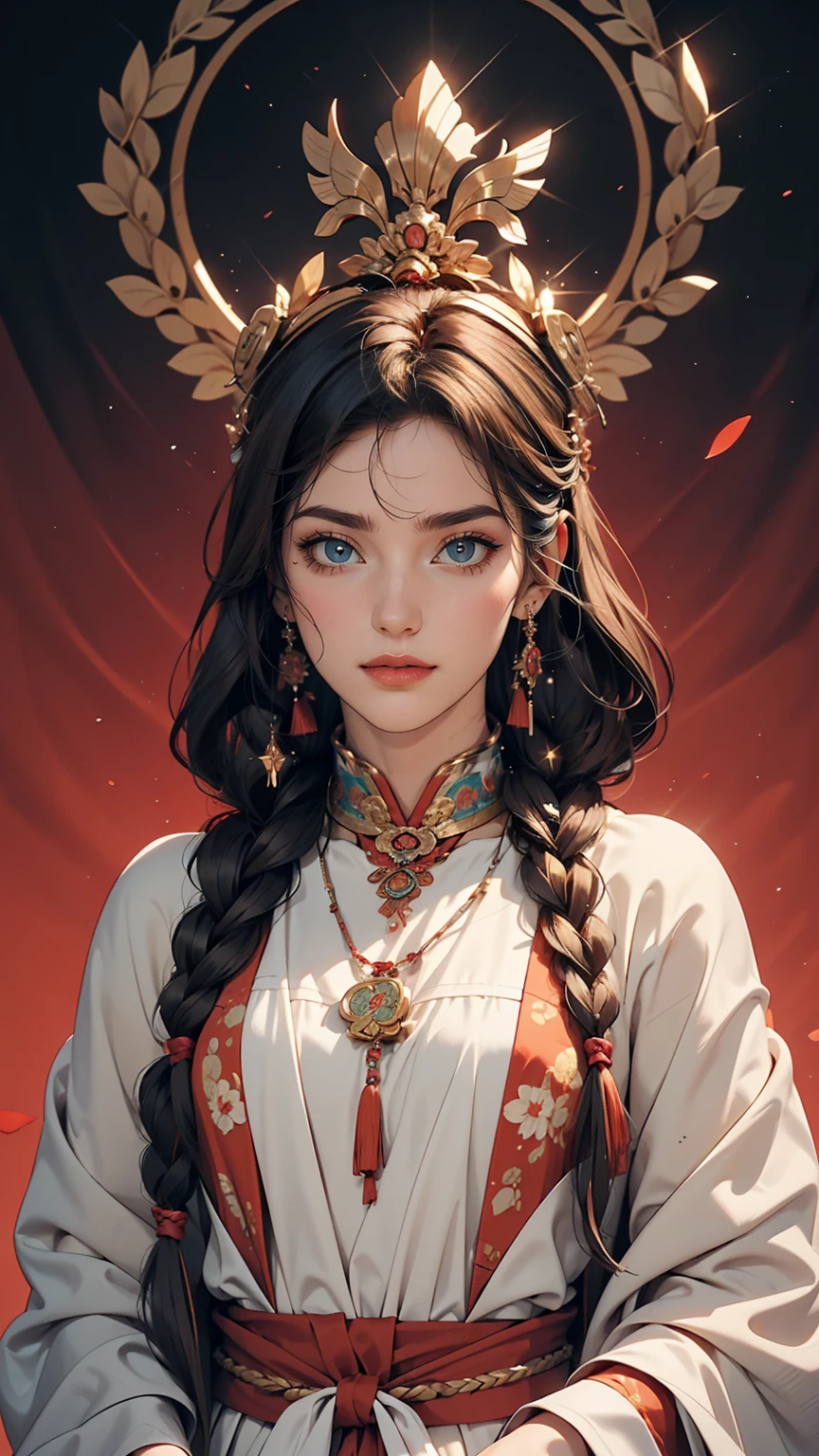 girl, Long braids, Tibetan Girl, close, Head slightly raised, smile, Bust photo, Upper Body, Appearance Yang Transcendence, Gorgeous Tibetan costume, Unwieldy Tibetan Necklace, Awkward Tibetan Headdress, Clothing fuzz, Full of white animals, CG of real people, Sweet Style, Movie style, HD 4K