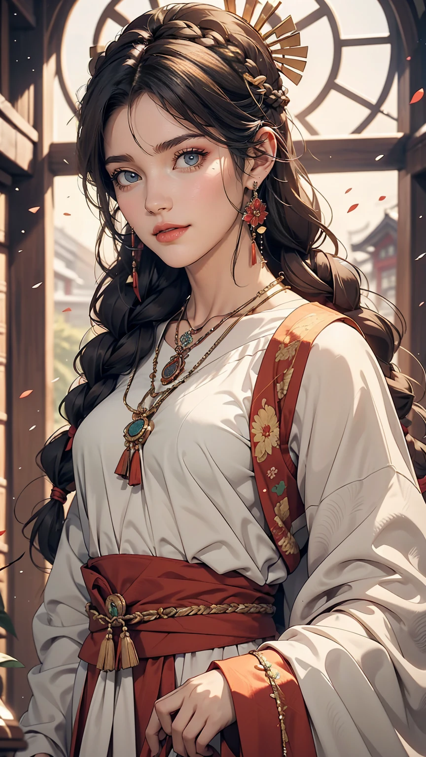 girl, Long braids, Tibetan Girl, close, Head slightly raised, smile, Bust photo, Upper Body, Appearance Yang Transcendence, Gorgeous Tibetan costume, Unwieldy Tibetan Necklace, Awkward Tibetan Headdress, Clothing fuzz, Full of white animals, CG of real people, Sweet Style, Movie style, HD 4K