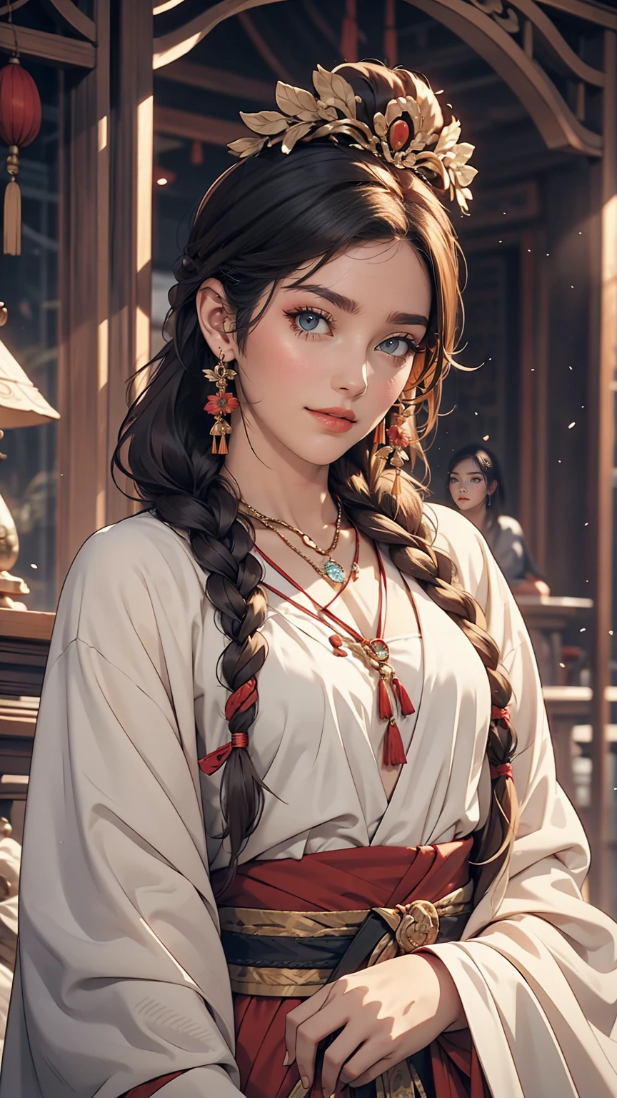 girl, Long braids, Tibetan Girl, close, Head slightly raised, smile, Bust photo, Upper Body, Appearance Yang Transcendence, Gorgeous Tibetan costume, Unwieldy Tibetan Necklace, Awkward Tibetan Headdress, Clothing fuzz, Full of white animals, CG of real people, Sweet Style, Movie style, HD 4K