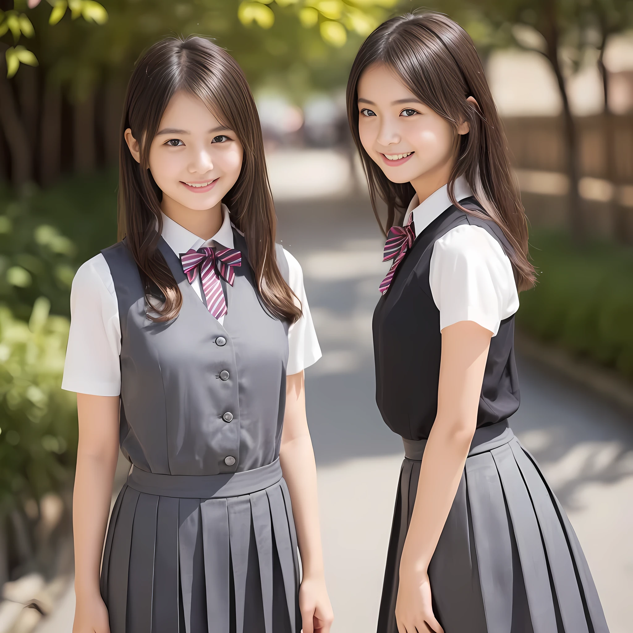 (highest quality, masterpiece:1.2), highest quality, Realistic, photograph, High resolution, 1080p, 8K, Physical Rendering, ((Height: 158cm)), (((( cute girly Japanese fashion models are standing like a fashion model and smiling directly at the viewer)))), (((big very detailed Japanese beautiful dark brown eyes))), ((loving and laughing at me!)), detailed fingers, ((curled blunt bangs)), ((((Very noble and cute eyes)))), ((double eyelids)), (((long eyelashes))), ((cute lovely lovely laughing laughing cheeks)), (((Her facial features are very expressive noble smile, very sweet, very intelligent))), ((((deep red ribbon bow tie)))), ((((black very beautiful and super long straight hair)))), ((((gray box-pleated school long skirt and grey vest)))), noble box-pleated skirt covers knees, ((((A ivory summer blouse with puffed short sleeves)))), ((Classical orchestra concert hall)), ((complexion lightening)), ((Full body shot)), Japanese girls legs, (((white socks and loafers))), (((((The most beautiful girl in Japan)))))
