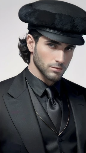 Make a handsome Jewish man in a suit, black silk coat and a round fur cap.