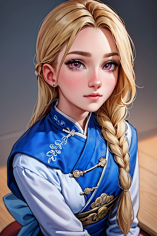 (1girl), masterpiece, best quality, super fine illustration, an extremely cute, highly detailed beautiful face looking at the viewer, 1girl, belt, close-up, looking at the viewer, 4k, high resolution, full body, The image features a female character with long blonde hair, wearing braids, wearing a blue and white .   The character looks directly at the camera with a soft gaze and calm expression.   Big bust,blonde hair,pink eyes,The image has a cartoon style and a soft color palette, creating a calm and contemplative atmosphere.  Scenario in front of everyone in the classroom, introducing himself,Wearing traditional Chinese  uniform 