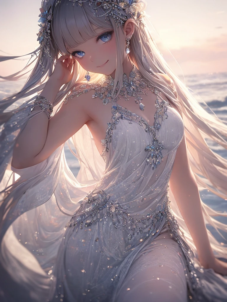 (master piece),(4k),high quality,(small breasts),1girl,elf,long silver hair,pale skin,smile,beautiful detailed blue eyes, (Highly detailed elegant),multilayered outfit, Magical colors and atmosphere, Detailed skin,The background is soft and blurry,Add a dramatic and symbolic element to your scene, Depth of written boundary, Bokeh, Silky to the touch, Hyper Detail,sitting,in white beach,create an ethereal atmosphere like a dream