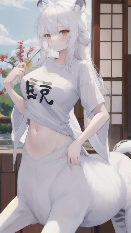 (best quality, masterpiece), 1 girl, centaur, It takes,White skin, Japanese , belly button t-shirt, 아름다운 소녀 perfect white tiger photo, perfect white tiger photo