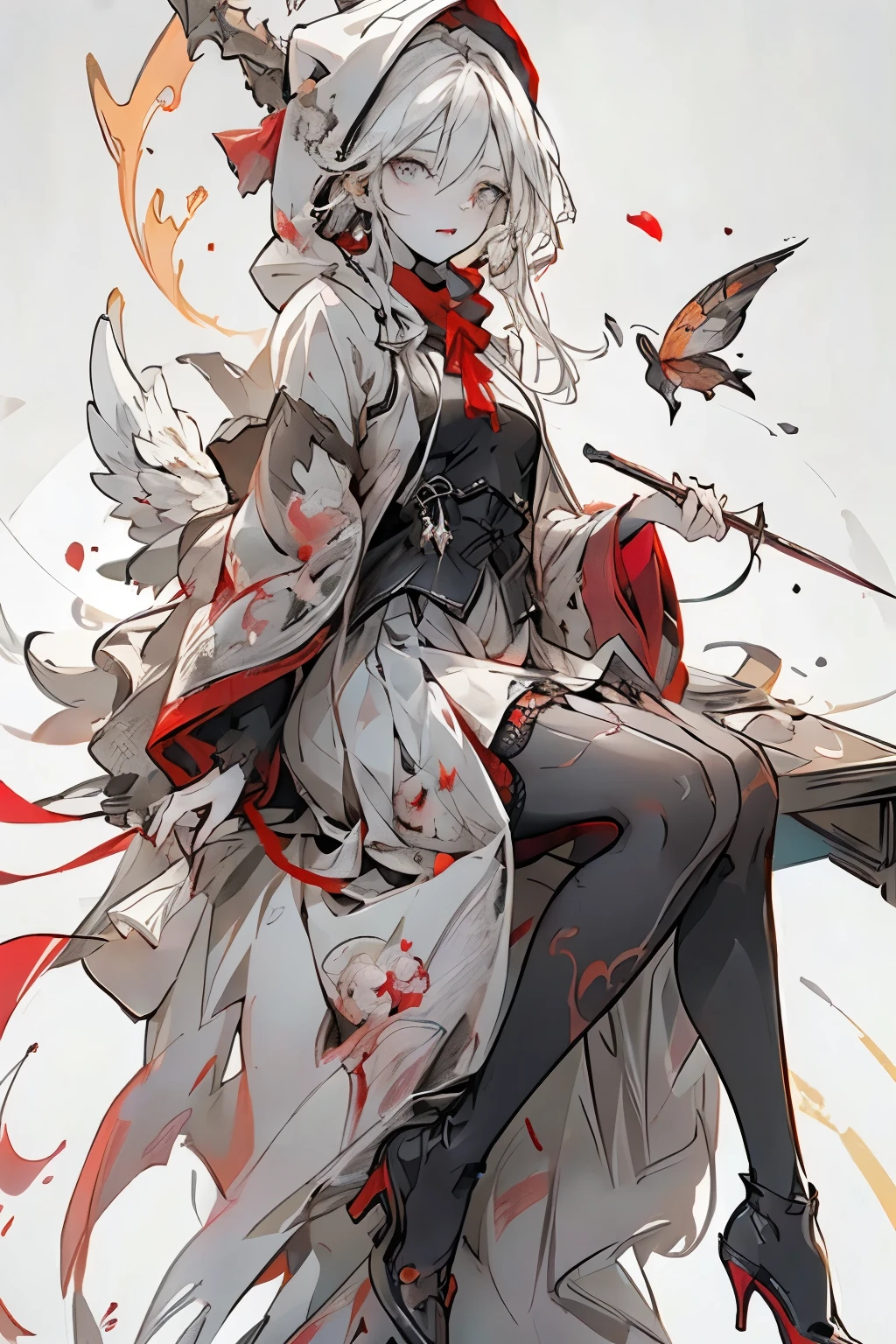((best quality)), ((masterpiece)), (detailed), perfect face, ((best quality)), ((masterpiece)), (detailed), perfect face(Golden ratio:1.2),(Fault color:1.3),[(White background:1.4)::10], (full bodyesbian:1.2),(Ultra-detailed:1.3), （white color background） (colorful ink paper flower grow on the face:1.2), teens girl，White hair，Red glowing eyes, sportrait, photorealestic,（（（Red and white trench coat））），（Red scarf)，a black pleated skirt，black t-shirts，longer sleeves，（（With a hood）），((Multiple pairs of angel wings))，side-lighting, NSFW, Depicting female characters from ethereal anime in a high-quality anime art style，，，8K，Red and white shoes with a sense of technology，(chaotic geometric images:1.3),(nagative space:0.8),(Drawing board:1.3), (ether colorful ink flowing:1.3), a knight, white background, plain background, Bloodborne inspired, tatty Bloodborne attire, occult aesthetic, occult, tatty red and white clothing detailed and intricate steampunk and detailed gothic lolita (with a hood), long coat, Complex laced boots, Fluttering lace flared long knee length dress with frilly petticoats, long dress, knee length dress, pleated petticoats, lolita dress, petticoats gothic lolita, beautiful small breasts, (((( Highly detailed face))), small thin nose, Small thin lips mouth, (((Very sharp focused eyes))), Very large slit precision pale grey eyes that shine like jewels. very long eyelashes, Silver hair swaying in the wind, Emitting a dazzling light in a mandala pattern, white background, Very dramatic and cinematic lighting, tatty damaged old red and white clothing, full body, whole body, body, cosmic horror, grim dark
