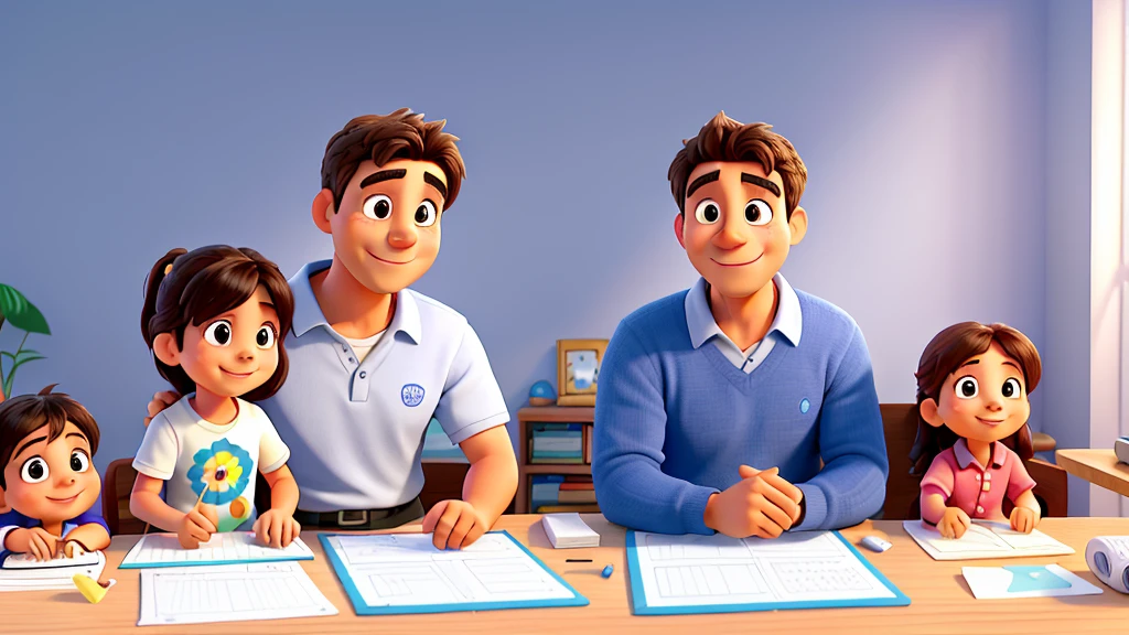 Una escena tranquila y llena de felicidad. Un padre y una madre de acento perfecto, una pareja ideal, They look proudly at their two six-year-old children who really enjoy solving math problems in a book. White stage background lighting makes it shine in 8k resolution. High-quality photography captures the details of the parents&#39; graceful face, mientras que su naturaleza serena y sus sonrisas contentas contrastan con las miradas attentivas de sus hijos.