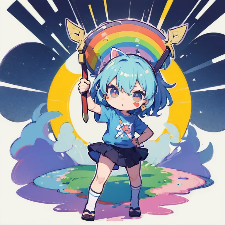 ((Sticker: 1.5))), ((Chibi character)), (white background), fluffy, girl, hoplite, hoplite costume, holding weapon, hoplite pose, chibi character, full body, pastel colored hair, fairytale, fantastic, rainbow, t-shirt design, masterpiece, best quality, 16k,