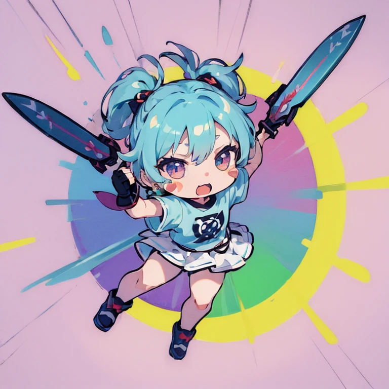 ((Sticker: 1.5))), ((Chibi character)), (white background), fluffy, girl, hoplite, hoplite costume, holding weapon, hoplite pose, chibi character, full body, pastel colored hair, fairytale, fantastic, rainbow, t-shirt design, masterpiece, best quality, 16k,