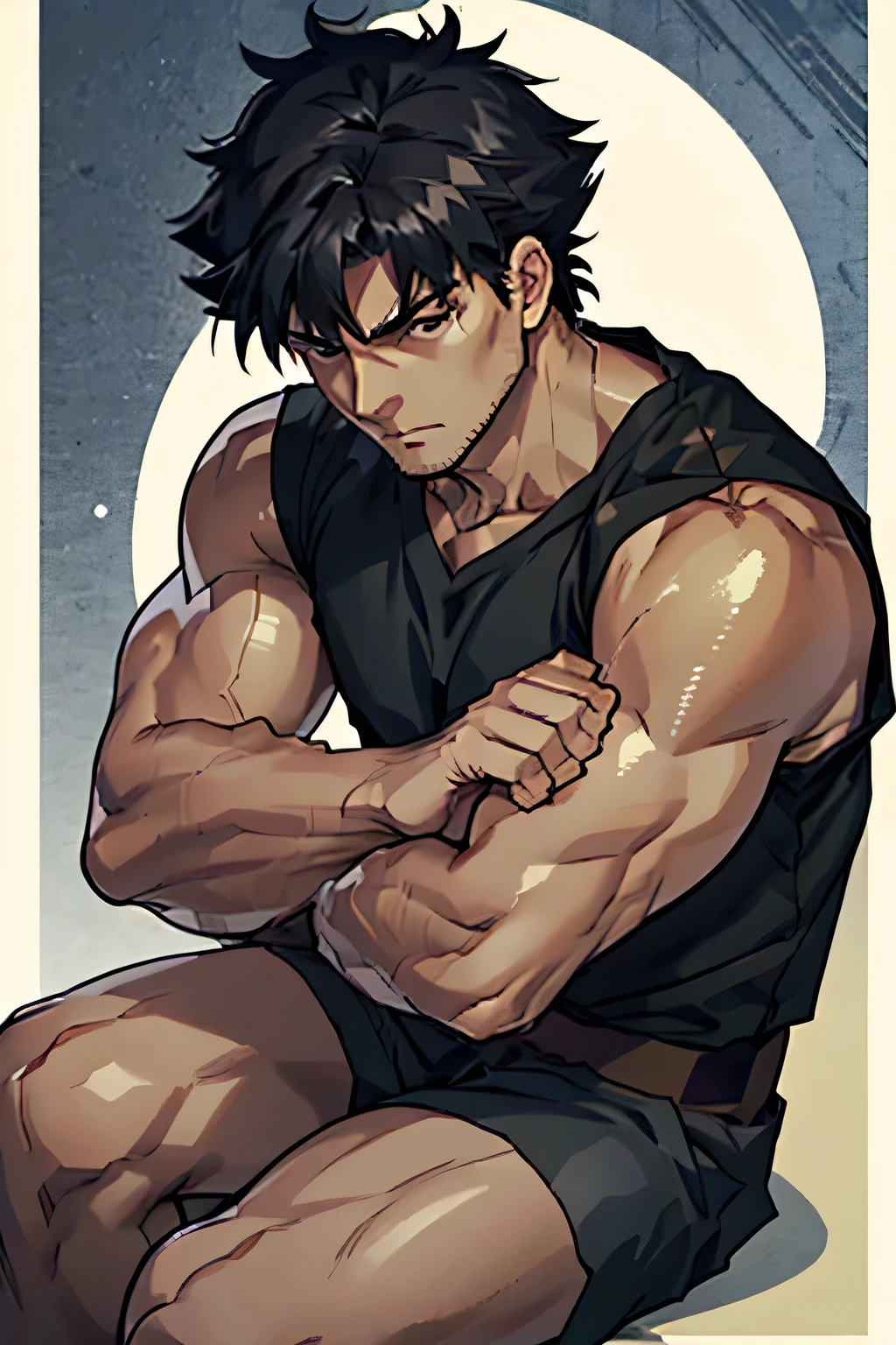 Kiritsugu is sitting and flexing his biceps. He wears black shorts. You can see his thighs. He looks stoic and serious. He has bulging veins on his arms. He wears a black tshirt with short sleeves. His sleeve is completely rolled up so you can see his entire arm and shoulder. He is showing his abs too.