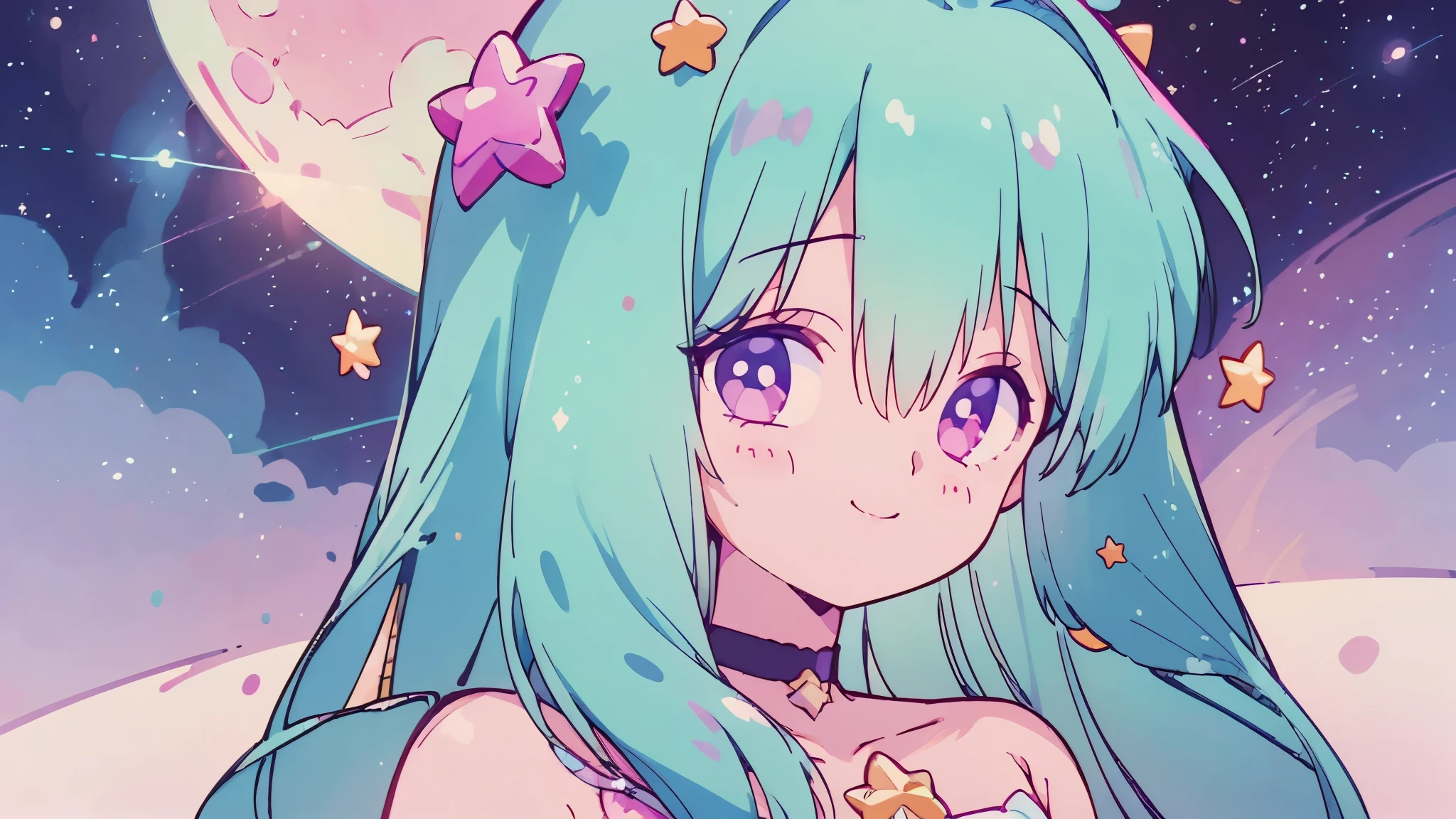 (1girl),(pop style,flat colors,star pattern,pastel,shiny eyes,smile,space vibe,colored lineart,outline,simple,night background, closeup,pastel night aethestic),((masterpiece))