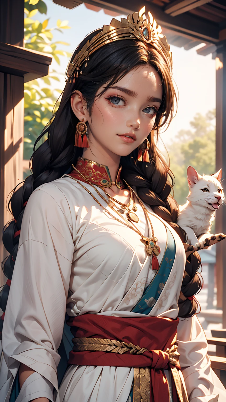 girl, Long braids, Tibetan Girl, close, Head slightly raised, smile, Bust photo, Upper Body, Appearance Yang Transcendence, Gorgeous Tibetan costume, Unwieldy Tibetan Necklace, Awkward Tibetan Headdress, Clothing fuzz, Full of white animals, CG of real people, Sweet Style, Movie style, HD 4K