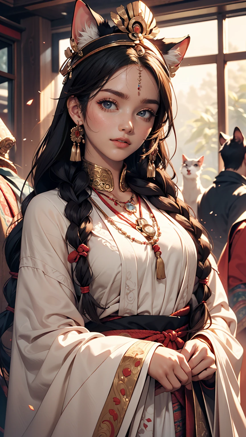 girl, Long braids, Tibetan Girl, close, Head slightly raised, smile, Bust photo, Upper Body, Appearance Yang Transcendence, Gorgeous Tibetan costume, Unwieldy Tibetan Necklace, Awkward Tibetan Headdress, Clothing fuzz, Full of white animals, CG of real people, Sweet Style, Movie style, HD 4K