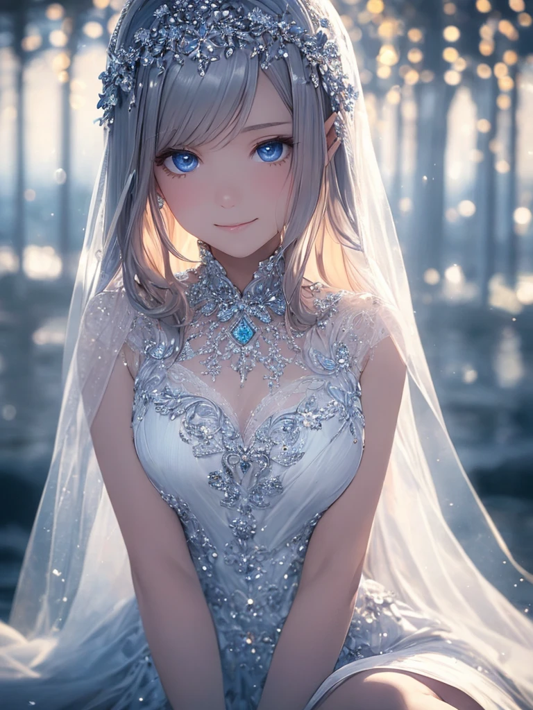 (master piece),(4k),high quality,(small breasts),1girl,elf,long silver hair,pale skin,smile,beautiful detailed blue eyes, (Highly detailed elegant),multilayered outfit, Magical colors and atmosphere, Detailed skin,The background is soft and blurry,Add a dramatic and symbolic element to your scene, Depth of written boundary, Bokeh, Silky to the touch, Hyper Detail,sitting,in white beach,create an ethereal atmosphere like a dream