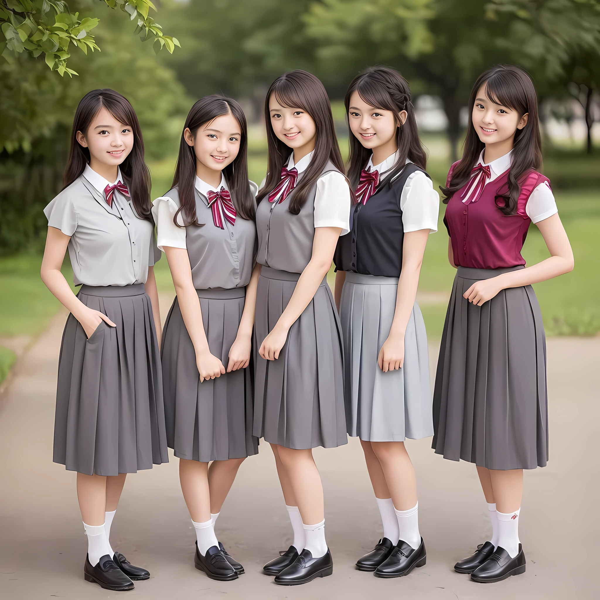 (highest quality, masterpiece:1.2), highest quality, Realistic, photograph, High resolution, 1080p, 8K, Physical Rendering, ((Height: 158cm)), (((( cute girly Japanese fashion models are standing like a fashion model and smiling directly at the viewer)))), (((big very detailed Japanese beautiful dark brown eyes))), ((loving and laughing at me!)), detailed fingers, ((curled blunt bangs)), ((((Very noble and cute eyes)))), ((double eyelids)), (((long eyelashes))), ((cute lovely lovely laughing laughing cheeks)), (((Her facial features are very expressive noble smile, very sweet, very intelligent))), ((((deep red ribbon bow tie)))), ((((black very beautiful and super long straight hair)))), ((((gray box-pleated school long skirt and grey vest)))), noble box-pleated skirt covers knees, ((((A ivory summer blouse with puffed short sleeves)))), ((Classical orchestra concert hall)), ((complexion lightening)), ((Full body shot)), Japanese girls legs, (((white socks and loafers))), (((((Hair Model)))))