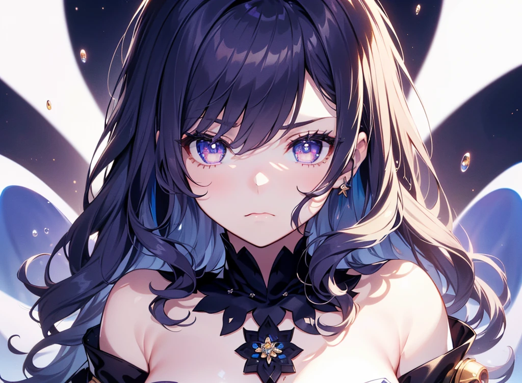 White and gold dress、Deep purple eyes, ((Beautiful eyes in every detail))、 iris、Shining Eyes, (((Loose and fluffy hair)))、(((((One Girl))))),Multicolored Hair、Inner Color、25歳woman、Wavy Hair、1 girl、((Sad face))、(((8k background)))、Center of chest、(((whole body)))、woman、(((Beautiful background)))、Lots of bubbles、Looking up、