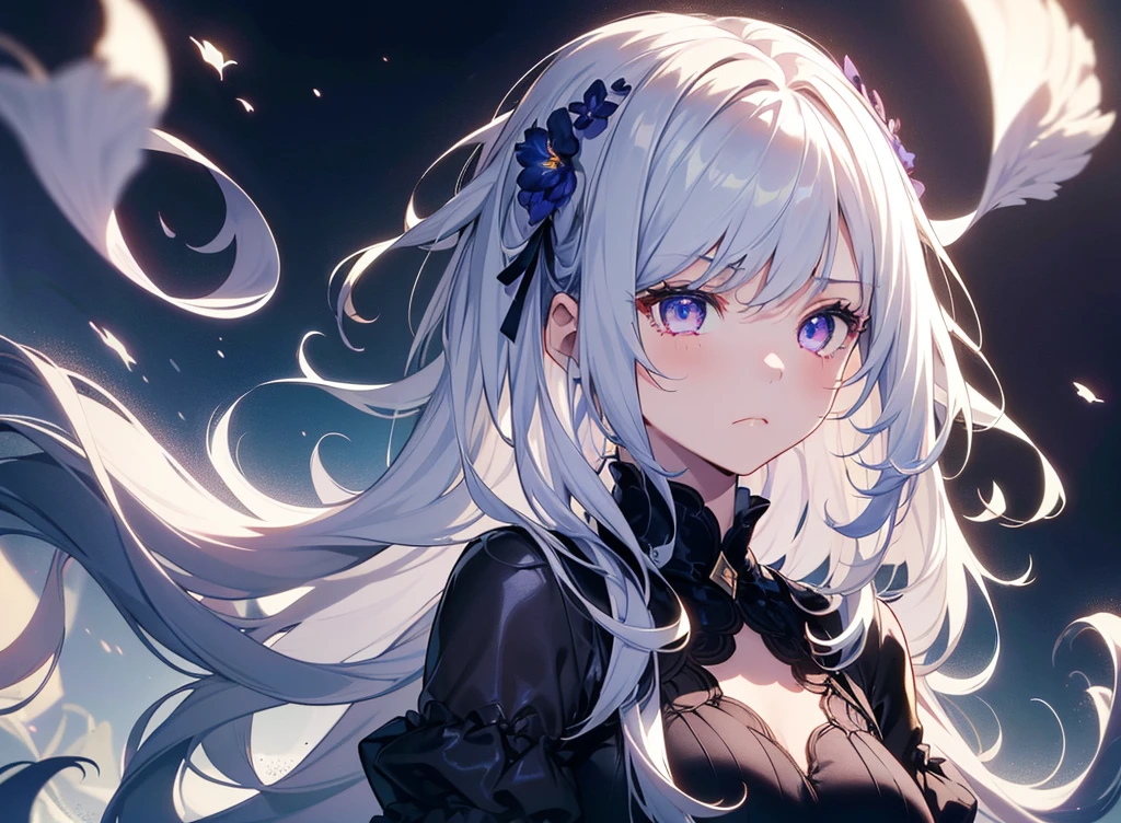 White and gold dress、Deep purple eyes, ((Beautiful eyes in every detail))、 iris、Shining Eyes, (((Loose and fluffy hair)))、(((((One Girl))))),Multicolored Hair、Inner Color、25歳woman、Wavy Hair、1 girl、((Sad face))、(((8k background)))、Center of chest、(((whole body)))、woman、(((Beautiful background)))、Lots of bubbles、Looking up、