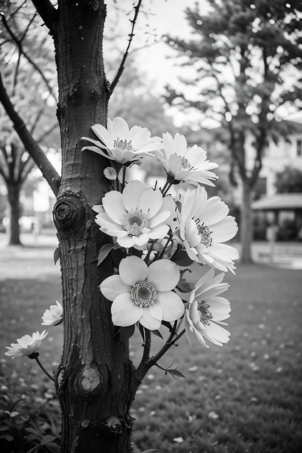 A flowering tree on a Coline with petals all around it in black and white