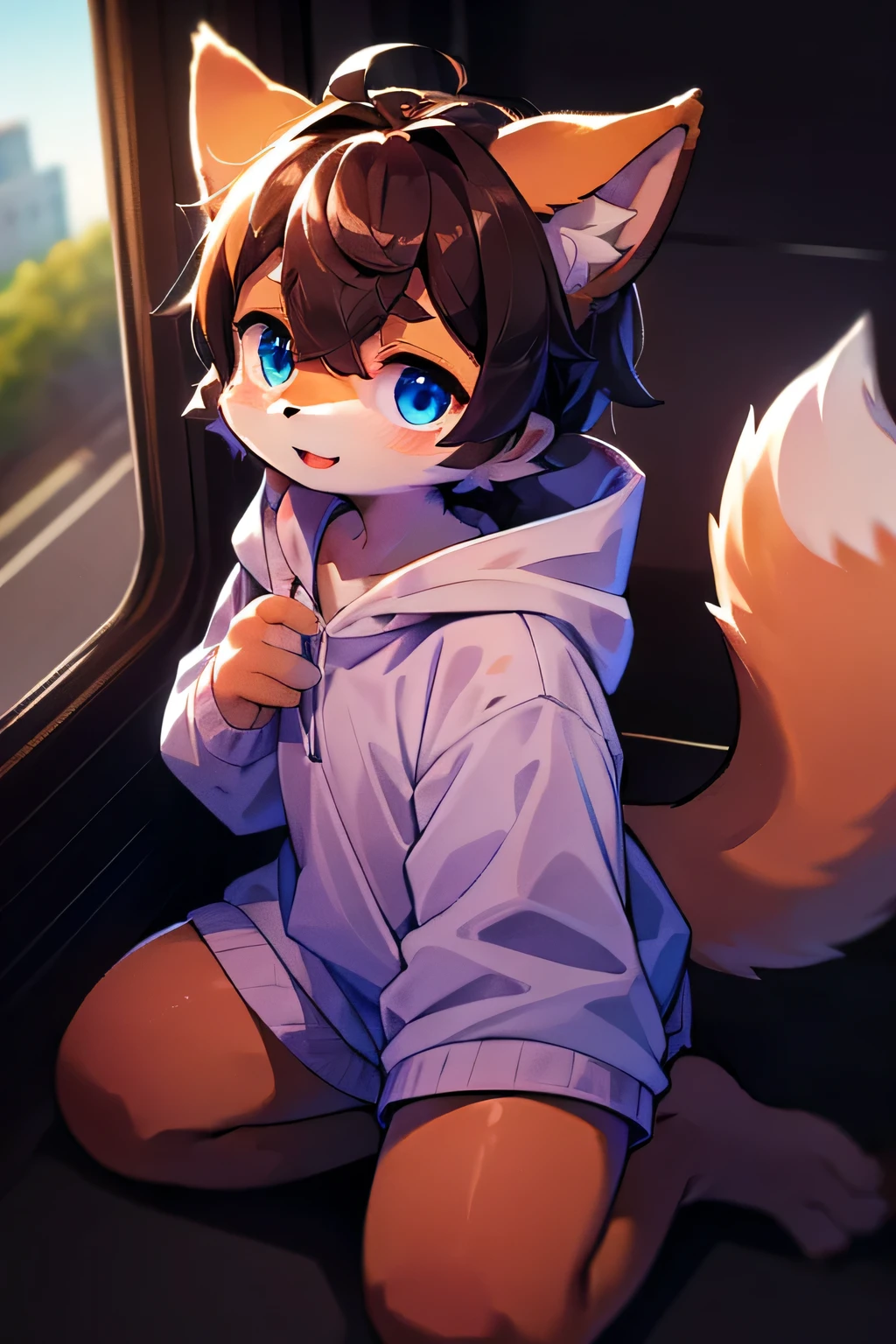 I'm playing 3DS.(((The tail is fluffy))).****Shark Hoodie****Orange ears Hands resting on the back(Dark brown on limbs, fluffy chest, boy, brown hair, fluffy white fur between legs, Shiba Inu beast, blue eyes, *brown hair*, orange fur on legs, hairy, cute) Orange and white fur on face, riding on train