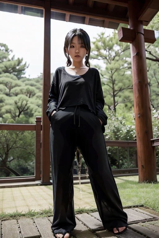 Japanese Girl sees the ghost and pees her black palazzo pants until her pants are wet in fright.
